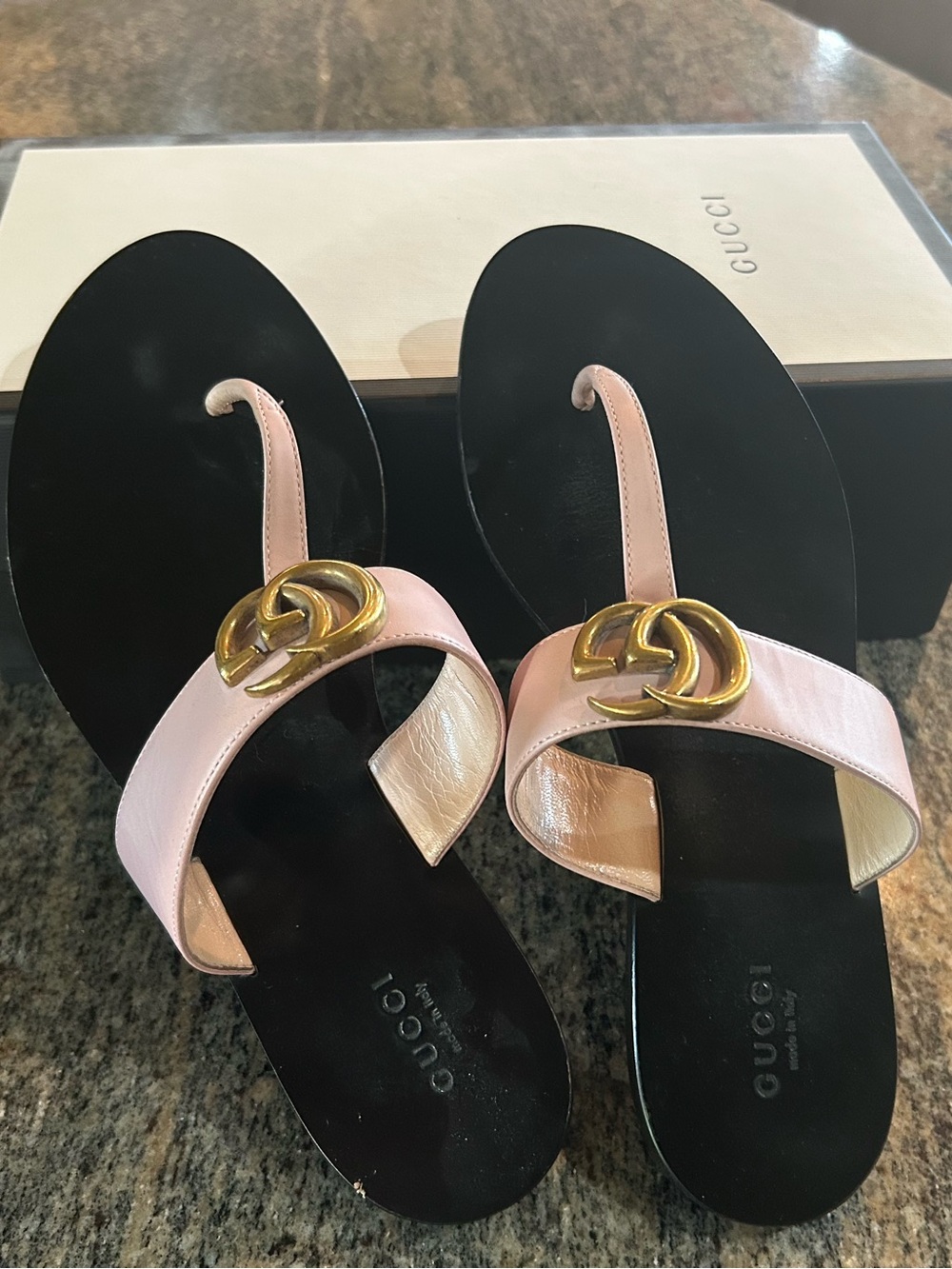 Gucci Pink Leather Thong Sandals with Gold GG Hardware